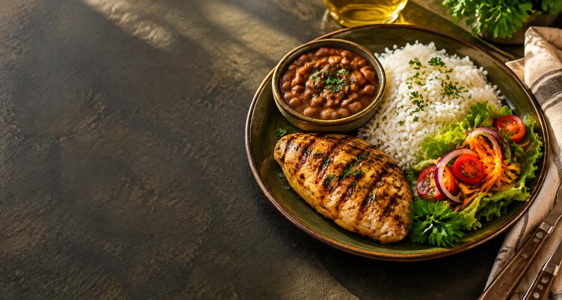 Refeição caseira com frango grelhado, arroz, feijão e salada